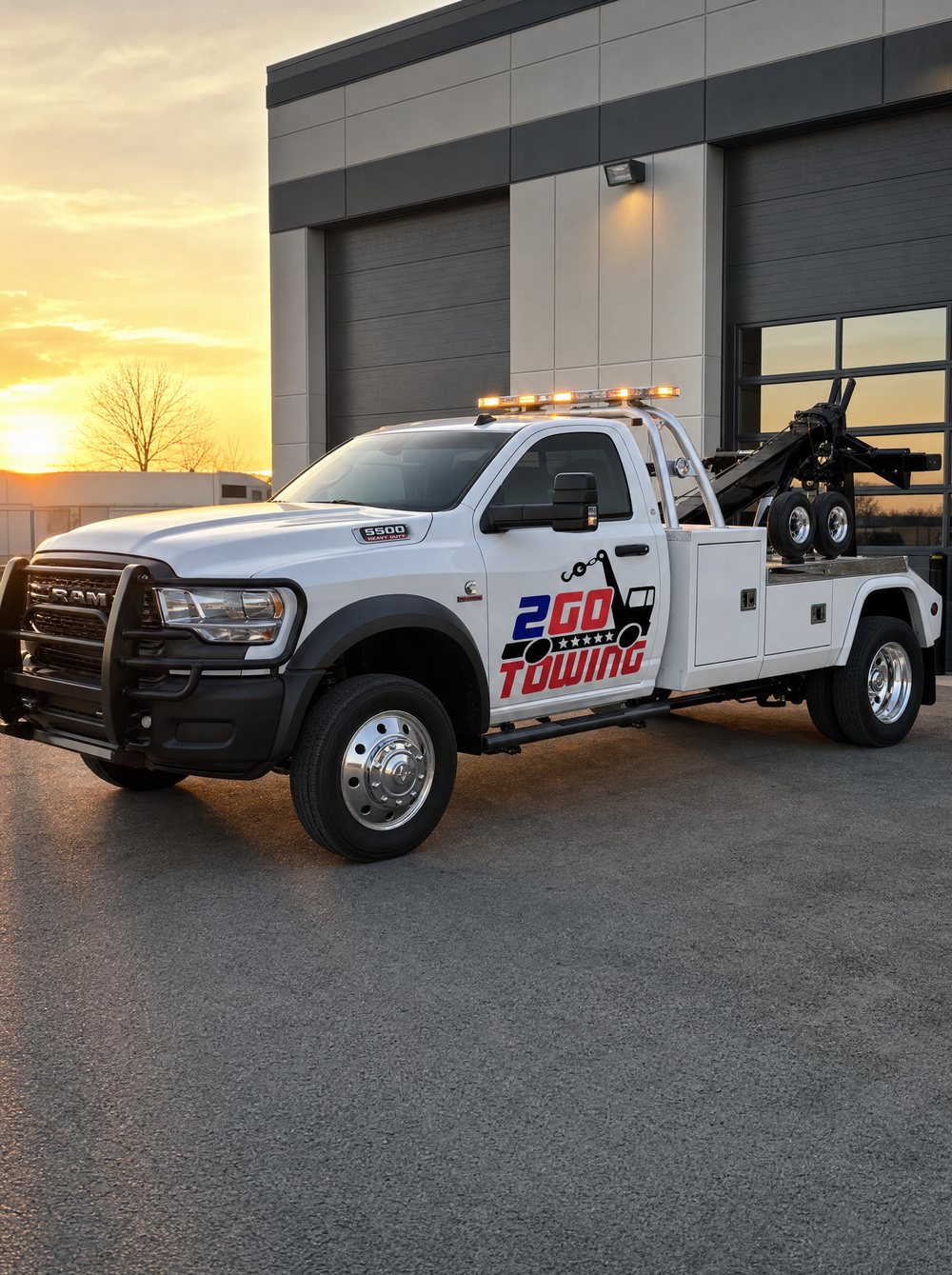 Auto Towing 2Go tow truck parked outside the shop at sunrise