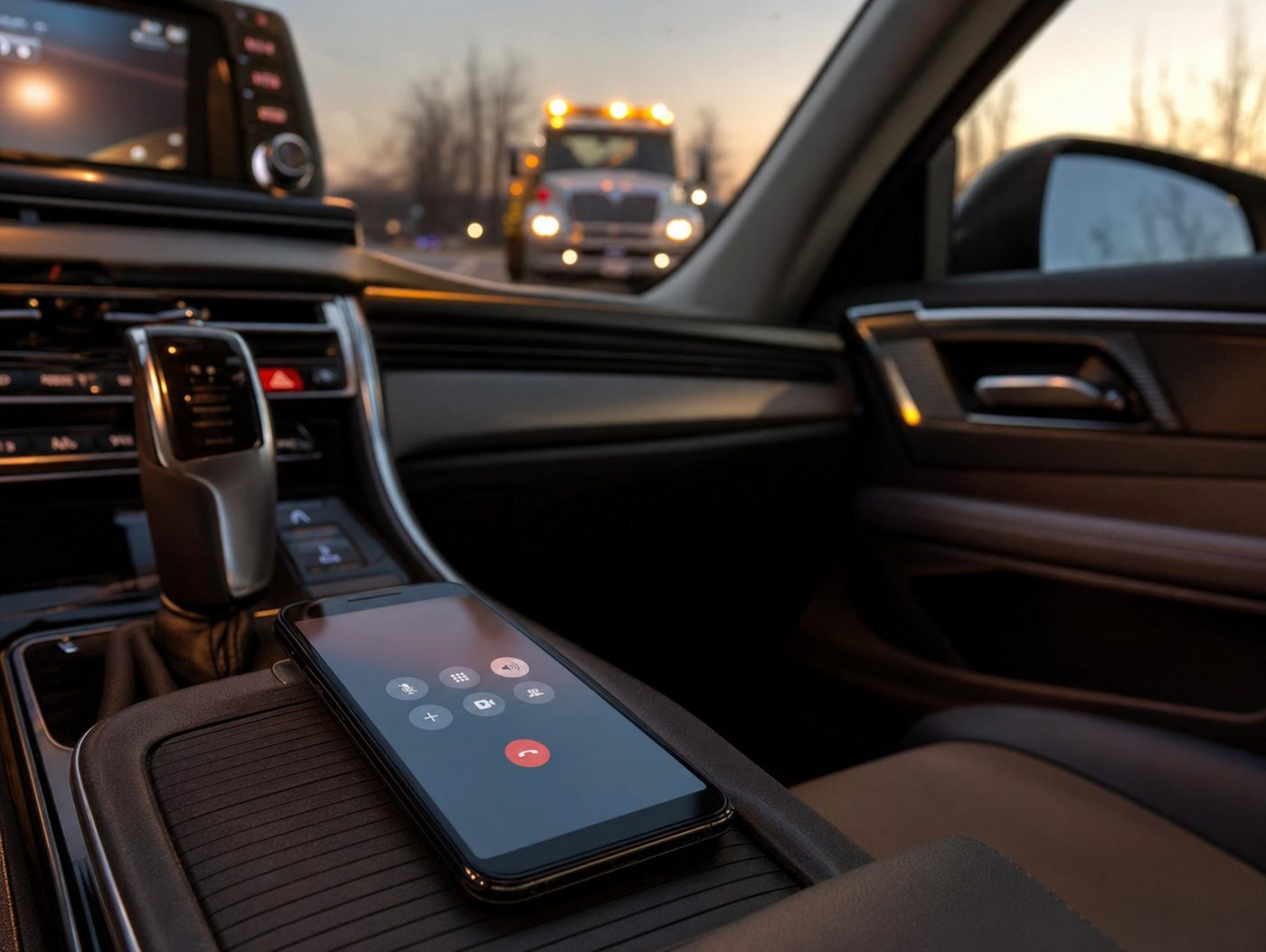 Phone showing a roadside assistance call in progress on a car dashboard, with a tow truck approaching in the background