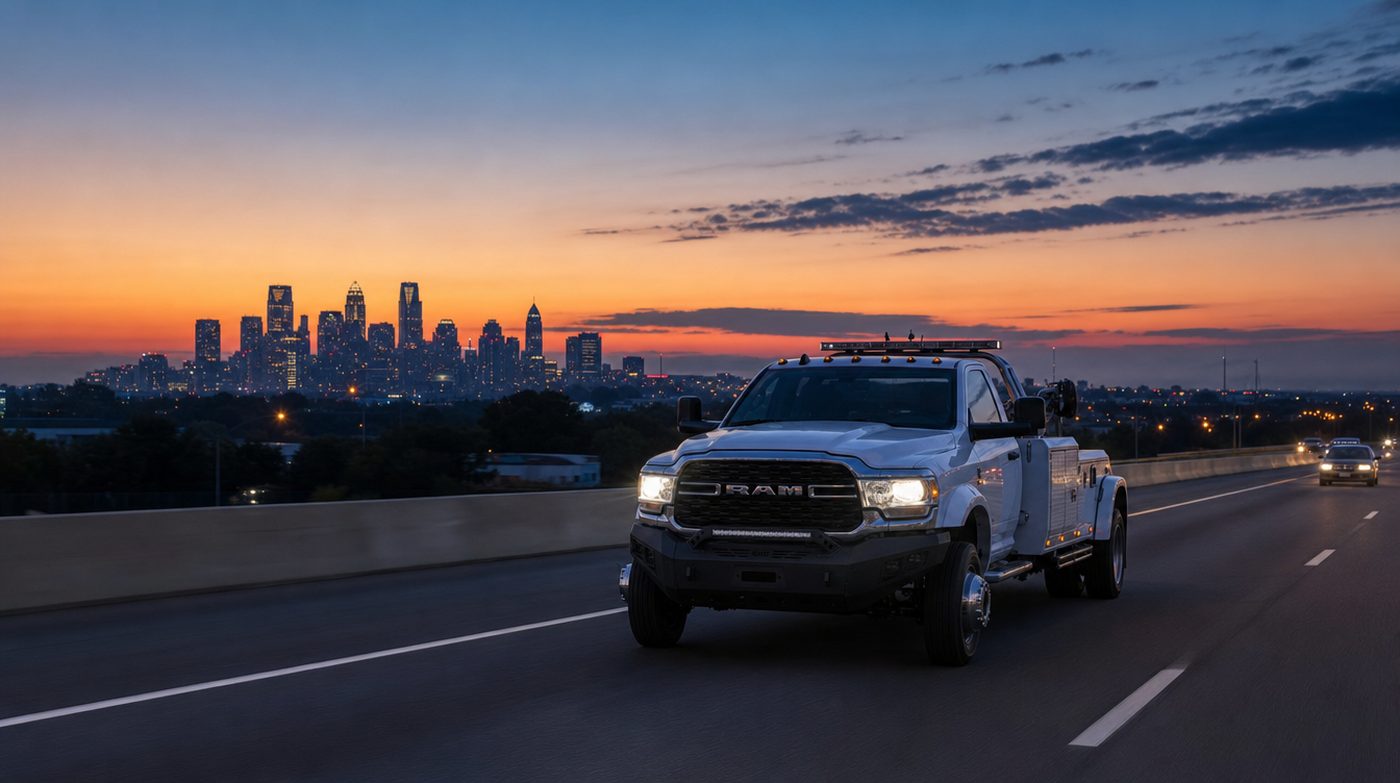 Tow truck driving on a highway at dusk with the Atlanta skyline in the background