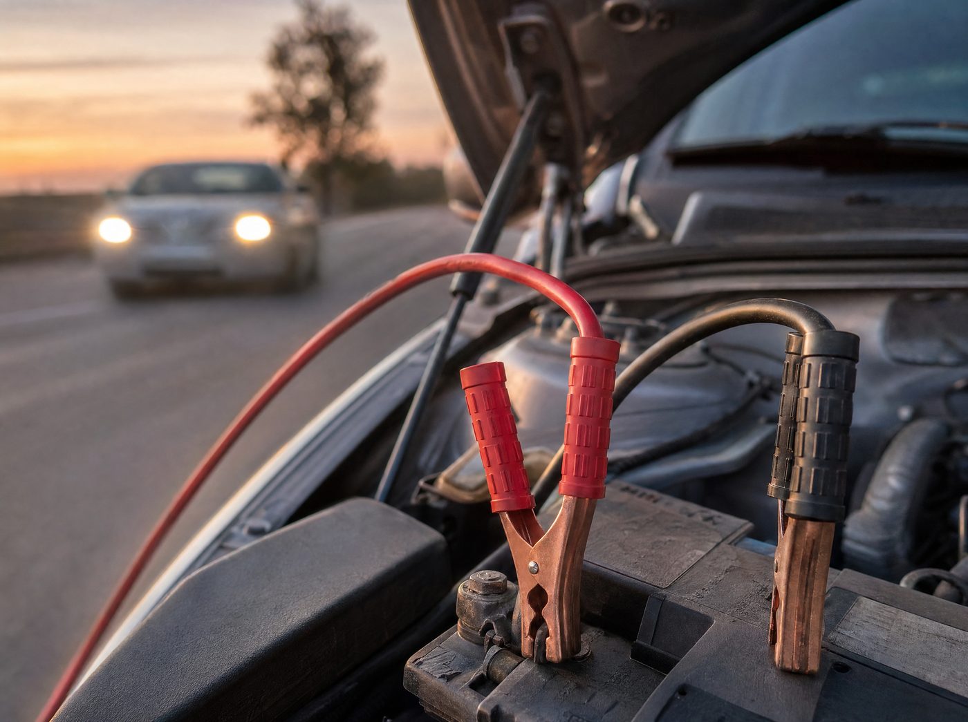 Jumper cables connected to a car battery for a roadside jump start
