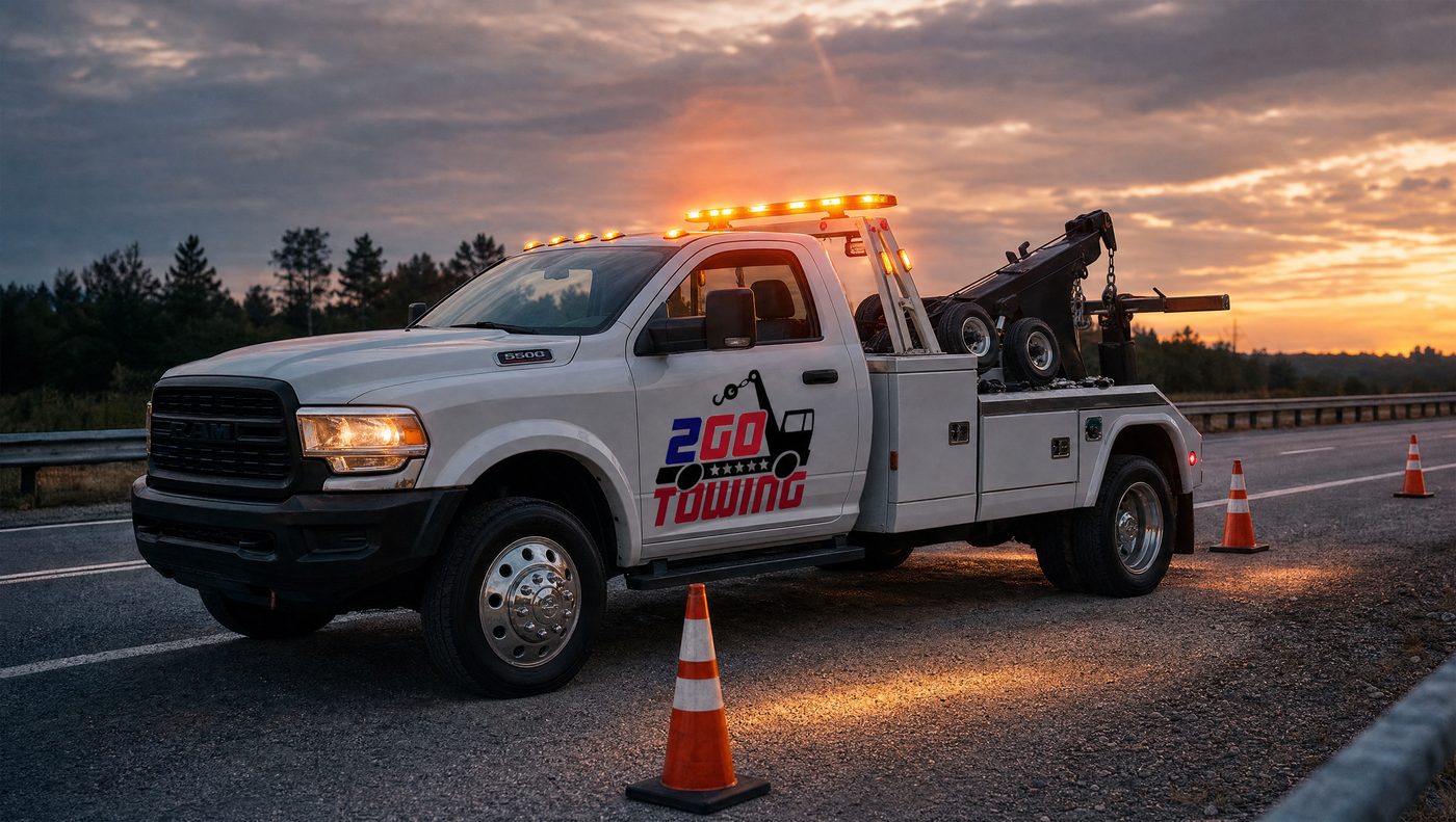 Auto Towing 2Go tow truck arriving at a roadside incident with light bar flashing