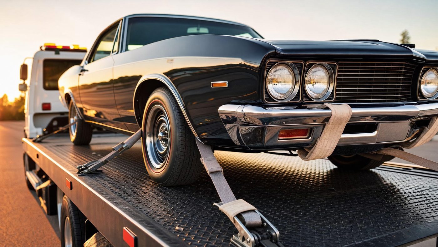 Classic car being loaded onto a flatbed with soft tie-down straps