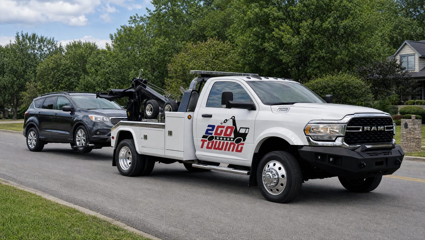 Close-up of a wheel-lift tow boom lifting a car's wheels off the ground