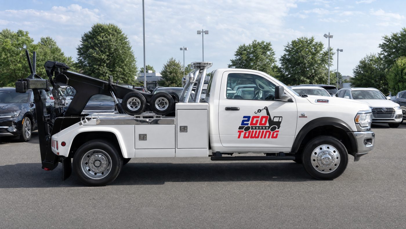 Auto Towing 2Go tow truck parked at a car dealership lot