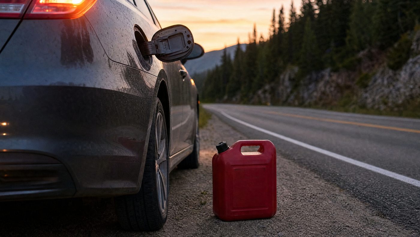 Portable fuel canister on the roadside next to a car at dusk