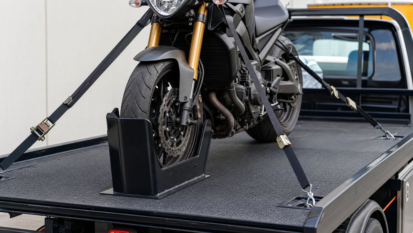 Motorcycle secured upright with tie-down straps on a flatbed tow truck
