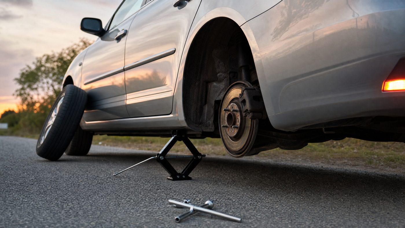 Car jack and spare tire set up for a roadside tire change at dusk