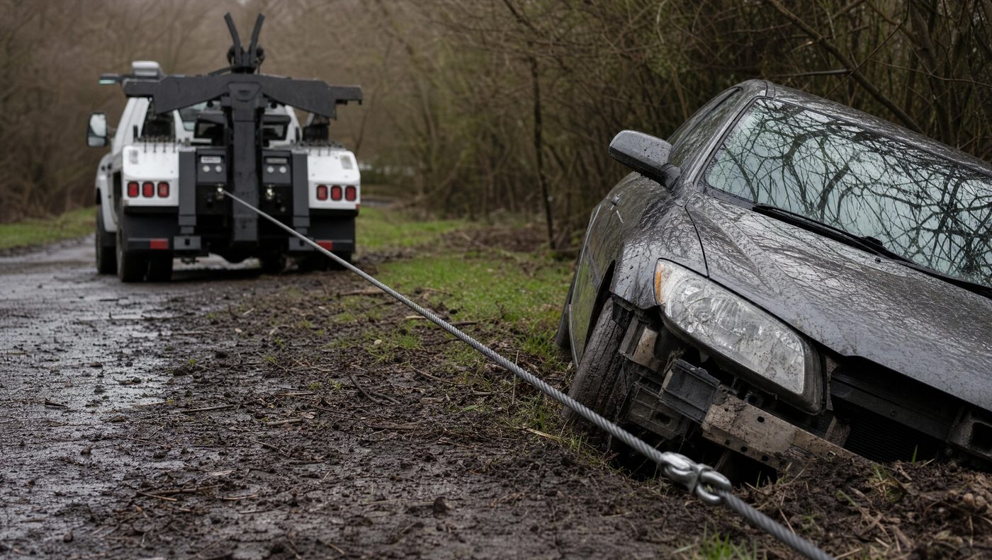 Steel winch cable extended from a tow truck to a car stuck in a roadside ditch